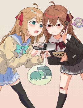 Rule 34 | 3girls, absurdres, ahoge, angry, animal ears, annytf, aqua bow, aqua bowtie, bandaid, bandaid on knee, bandaid on leg, black cardigan, black skirt, black socks, black thighhighs, blue eyes, blue sailor collar, blue skirt, blush, bow, bowtie, broken heart, broken heart hair ornament, brown hair, calling, camera, cardigan, chatgpt, closed mouth, collared shirt, commentary, dress shirt, english commentary, evil neuro-sama, feet out of frame, fox ears, fox girl, from side, hair between eyes, hair ornament, hair ribbon, heart, highres, holding, holding camera, holding phone, liu xiaosuan suanyu, long hair, long sleeves, multiple girls, neuro-sama, off-shoulder cardigan, open mouth, phone, pleated skirt, polka dot, polka dot background, purple eyes, red bow, red bowtie, red eyes, red ribbon, ribbon, sailor collar, shirt, siblings, sisters, skirt, skull hair ornament, socks, standing, tearing up, thighhighs, turtle, twins, vedal987, vedal ai, virtual youtuber, white shirt, yellow cardigan