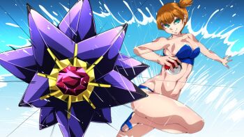 1girl 1other aqua_eyes asymmetrical_hair bad_tag bandeau bare_arms bare_shoulders bikini blue_bikini blue_swimsuit breasts byakkun_(byakkun8181) cleavage closed_mouth curvy eyebrows feet flip-flops gem gen_1_pokemon green_eyes groin hair_tie helmet holding holding_poke_ball leg_up looking_at_viewer lowleg lowleg_bikini medium_breasts misty_(pokemon) navel nintendo one-piece_swimsuit orange_hair outstretched_arm poke_ball poke_ball_(basic) pokemon pokemon_rgby ponytail sandals shiny_skin short_hair side_ponytail smile solo standing standing_on_one_leg starmie stomach strapless strapless_bikini strapless_one-piece_swimsuit swimsuit thighs thong thong_bikini toenails toes v-shaped_eyebrows water wide_hips