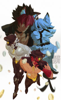 2boys animal_ears chain commentary_request dduckdlk dog_boy dog_ears furry furry_male furry_with_non-furry gold_chain hat highres interspecies komano_manato male_focus male_stripper money multiple_boys muscular muscular_male red_eyes scar scar_on_chest von_lycaon white_fur wolf_boy wolf_ears yellow_tang zenless_zone_zero
