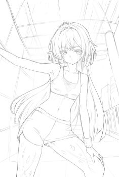 1girl alternate_costume arm_up bare_shoulders breasts collarbone commentary ddcc0123 earrings english_commentary greyscale highres jewelry lineart long_hair looking_at_viewer monochrome mornye_(wuthering_waves) navel shorts sketch small_breasts solo sports_bra stomach sweat sweaty_clothes triangle_earrings wuthering_waves