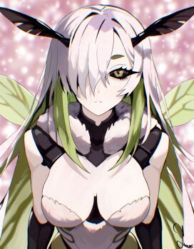 1girl absurdres antennae arthropod_girl black_sclera breasts closed_mouth colored_sclera colored_skin commentary english_commentary expressionless from_above green_eyes hair_over_one_eye highres indie_virtual_youtuber insect_girl insect_wings juniper_actias junoelise161 large_breasts long_hair looking_at_viewer moth_antennae moth_girl moth_wings one_eye_covered parted_bangs solo upper_body virtual_youtuber white_fur white_hair white_skin wings