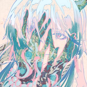 1boy arknights bamboo blending blue_hair chinese_commentary commentary_request dragon_horns gradient_hair hand_over_eye highres horns lijingjinw looking_at_viewer male_focus multicolored_hair pink_eyes pink_hair portrait smile solo yi_(arknights)