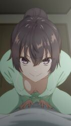 1girl _hair ahoge animated anime_screenshot assertive_female blush breasts brown_hair cleavage collarbone downblouse extended_downblouse girl_on_top good_morning_my_brother_(meme) green_pajamas grey_eyes grin hair_between_eyes hanging_breasts highres indoors leaning_forward long_hair long_sleeves looking_at_viewer medium_breasts naughty_face no_bra pajamas ponytail pov sidelocks smile sound suou_yuki tokidoki_bosotto_roshia-go_de_dereru_tonari_no_alya-san video