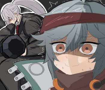 2girls ak-15_(girls'_frontline) braid commentary english_commentary exercising g11_(girls'_frontline) girls'_frontline girls'_frontline_2:_exilium grey_hair grey_jacket hair_between_eyes highres jacket mechty_(girls'_frontline_2) multiple_girls necktie open_clothes open_jacket ponytail red_eyes smart_oval sweat sweatdrop veins voymastina_(girls'_frontline_2) weight weightlifting