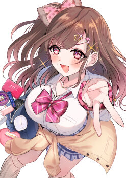 1girl bag blue_skirt blush bow bowtie breasts brown_hair cardigan cardigan_around_waist clothes_around_waist commentary_request cosmetics diagonal-striped_bow diagonal-striped_bowtie diagonal-striped_clothes feet_out_of_frame fingernails foreshortening gyaru gyaru_v hair_bow highres idolmaster idolmaster_shiny_colors kogal large_breasts looking_at_viewer loose_socks nail_polish one_side_up open_collar pink_bow pink_bowtie plaid_clothes plaid_skirt pleated_skirt school_bag school_uniform simple_background skirt smile socks solo striped_bow striped_bowtie striped_clothes tsukioka_kogane v white_background white_socks yellow_cardigan yozorasiba