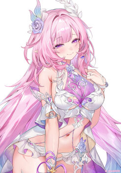 1girl alternate_costume armlet bare_shoulders blue_hair blush breasts cleavage closed_mouth commentary cyrene_(honkai:_star_rail) cyrene_(ripples_of_past_reverie)_(honkai:_star_rail) fingernails flower gradient_hair hair_flower hair_intakes hair_ornament hand_up highres honkai:_star_rail honkai_(series) jewelry large_breasts long_hair machi_(machi0910) multicolored_hair nail_polish navel paid_reward_available pink_hair pink_nails pointy_ears purple_eyes purple_flower purple_rose ring rose sidelocks simple_background smile solo stomach swimsuit thighs twitter_username very_long_hair white_background