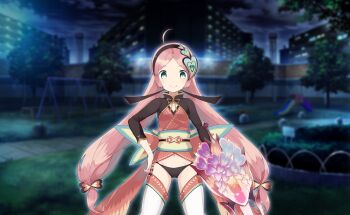 1girl ahoge apartment aqua_eyes artist_request back_bow bikini black_bikini black_bow black_hairband black_ribbon black_shrug blue_bow bow bush closed_mouth cloud cowboy_shot detached_leggings dot_nose eyelashes game_cg hair_bow hair_ornament hair_ribbon hairband hand_on_own_hip happy heart heart_hair_ornament heart_print highres holding holding_shield ibuki_leila japanese_clothes kimono lamppost large_bow leggings light_blush long_hair long_sleeves low-tied_long_hair low_twintails magia_record:_mahou_shoujo_madoka_magica_gaiden magical_girl mahou_shoujo_madoka_magica mahou_shoujo_madoka_magica_magia_exedra multicolored_bow navel night night_sky obi official_art outdoors outline park path pink_hair red_bow red_kimono ribbon road sash shield short_kimono shrug_(clothing) sky slide smile solo standing straight-on swimsuit swing_set tareme tree twintails very_long_hair white_leggings white_outline yellow_bow yellow_sash