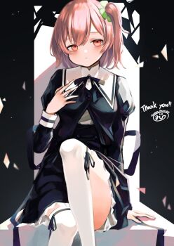 1girl arm_support assault_lily black_shirt black_skirt commentary_request commission expressionless hitotsuyanagi_riri juliet_sleeves long_sleeves looking_at_viewer midorino_(green-happy) one_side_up pink_hair puffy_sleeves puritan_collar ribbon-trimmed_thighhighs ribbon_trim shirt sitting skeb_commission skirt solo thighhighs white_thighhighs