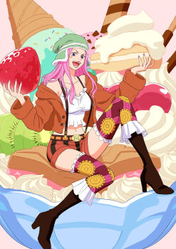 1girl anti-eyebrow_piercing artist_request bone bottle breasts brown_coat cake coat crop_top cropped_legs face_piercing food fruit full_body fur_coat hand_on_own_hip highres jacket jewelry_bonney long_hair looking_at_viewer meat navel official_art one_piece open_clothes open_jacket oversized_food oversized_object parfait piercing pink_hair purple_eyes shirt short_shorts shorts smile solo strawberry suspenders swept_bangs thighhighs white_shirt wide_hips