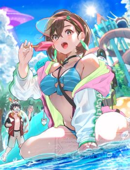 1boy 2girls arm_support ayase_momo bikini black_choker black_hair blue_bikini blue_sky blurry blurry_background blush breasts brown_eyes brown_hair choker cloud cloudy_sky collarbone commentary_request dandadan earrings food glasses hair_between_eyes highres holding holding_food holding_popsicle hood hoodie jewelry long_sleeves looking_at_viewer male_swimwear medium_breasts mongolian_death_worm multiple_girls navel on_head open_clothes open_hoodie open_mouth outdoors pomeko pool poolside popsicle round_eyewear sandals short_hair signature single_bare_shoulder sitting sky stomach sun swim_trunks swimsuit takakura_ken_(dandadan) thighs tractor_beam tree tsuchinoko_(dandadan) turbo_granny_(dandadan) ufo walking wariza water water_slide wet