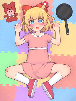 1girl @_@ bandaid bandaid_on_leg blonde_hair blue_eyes blush bow dress drooling frying_pan hair_bow hands_up highres loli lying miriota mother_(series) mother_2 mushroom mushroom_on_head nintendo on_back on_floor open_mouth paula_(mother_2) playmat shoes socks solo spread_legs stuffed_animal stuffed_toy sweat teddy_bear wide-eyed