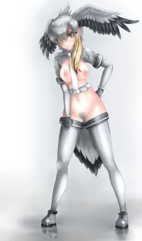 1girl absurdres bird_girl bird_tail bird_wings black_gloves black_hair blonde_hair breasts closed_mouth commentary_request female_pubic_hair fingerless_gloves full_body gloves green_eyes grey_hair grey_pubic_hair grey_shoes grey_tail groin hair_between_eyes hand_on_own_hip head_wings highres kemono_friends layered_sleeves leaning_to_the_side legs_apart long_hair long_sleeves looking_at_viewer medium_breasts multicolored_hair navel nipples nude pubic_hair reflective_floor shoebill_(kemono_friends) shoes short_over_long_sleeves short_sleeves shrug_(clothing) side_ponytail solo standing stomach sweat tail thighhighs tomoki_(vg30et1985) unaligned_breasts wings