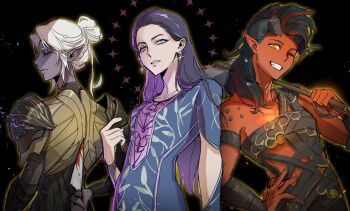 Rule 34 | 3girls, arm behind back, armor, axe, baldur's gate, baldur's gate 3, black background, black hair, blue dress, colored skin, dark elf, dress, dungeons & dragons, dungeons &amp; dragons, earrings, elf, grin, hair bun, hand on own hip, highres, holding, holding axe, holding knife, holding weapon, jewelry, karlach, knife, looking at viewer, looking back, medium hair, minthara, multicolored hair, multiple girls, mystra (baldur's gate), one eye closed, outline, over shoulder, parted lips, pauldrons, pointy ears, purple eyes, red eyes, red skin, short hair, shoulder armor, single hair bun, smile, streaked hair, tiefling, two-tone hair, upper body, weapon, weapon over shoulder, white hair, yellow eyes, yellow outline, yy20251111