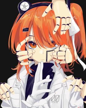 1girl a.i._voice absurdres adachi_rei android black_background black_shirt closed_mouth commentary english_commentary gloves hair_between_eyes hair_ornament headlamp headset highres jacket long_sleeves looking_at_viewer mechabare mechanical_hands medium_hair natsuzusakii one_side_up open_clothes open_jacket orange_eyes orange_hair power_symbol-shaped_pupils shirt signature simple_background solo symbol-shaped_pupils turtleneck turtleneck_shirt upper_body utau white_gloves white_jacket