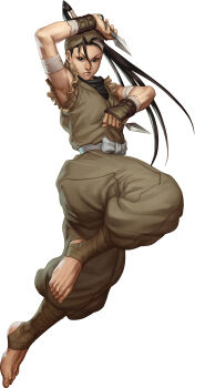 Rule 34 | absurdres, armpits, baggy pants, bandages, barefoot, black hair, capcom, highres, ibuki (street fighter), kunai, long hair, ninja, official art, pants, ponytail, simple background, solo, stanley lau, street fighter, street fighter iii, street fighter iii: 3rd strike, toeless socks, weapon