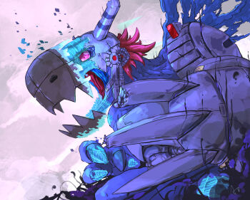 aomon_(yuuji7604) blue_skin claws colored_skin creature creature_focus cyborg digimon digimon_(creature) dinosaur evolution fake_horns helmet highres horned_helmet horns mechanical_arms metalgreymon metalgreymon_(virus) mugendramon no_humans open_mouth red_eyes red_hair sharp_teeth short_hair single_mechanical_arm solo teeth torn_wings transformation wings