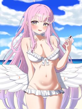 1girl angel_wings bikini blue_archive blue_sky breasts cellphone cowboy_shot large_breasts long_hair mika_(blue_archive) mika_(swimsuit)_(blue_archive) musuru navel ocean phone pink_eyes sand sky smartphone solo swimsuit thigh_gap white_bikini wings yellow_eyes