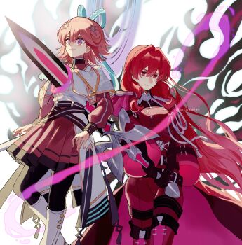 Rule 34 | 2girls, belt, black gloves, black pantyhose, boots, breasts, buttons, clenched teeth, closed mouth, coat, commentary request, double-breasted, duel monster, earrings, exosister karmael, exosister kaspitell, exosister martha, exosister stella, gloves, hair between eyes, hair ornament, hair ribbon, highres, holding, holding sword, holding weapon, impaled, jacket, jewelry, knee boots, large breasts, long hair, long sleeves, medium hair, military jacket, military uniform, multiple girls, pants, pantyhose, pink hair, pleated skirt, polearm, purple eyes, red boots, red eyes, red hair, red jacket, red pants, red skirt, ribbon, sidelocks, skirt, standing, star (symbol), star hair ornament, sword, tears, teeth, thigh belt, thigh strap, twitter username, very long hair, weapon, wen zhi (717256), white boots, white coat, wide sleeves, yu-gi-oh!