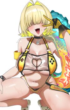1girl absurdres ahoge bare_shoulders black_choker black_gloves blonde_hair blush breasts choker cleavage clothing_cutout collarbone commentary crocs elegg_(boom_and_shock)_(nikke) elegg_(nikke) english_commentary fang game_controller_print gloves goddess_of_victory:_nikke hair_intakes hair_over_eyes heart_cutout highres holding holding_swim_ring innertube large_breasts morime navel official_alternate_costume open_mouth rabbit_choker rabbit_ornament see-through_slingshot_swimsuit shoes short_hair simple_background slingshot_swimsuit smile solo stomach swim_ring swimsuit two-sided_gloves v watch white_background wristwatch yellow_gloves yellow_slingshot_swimsuit