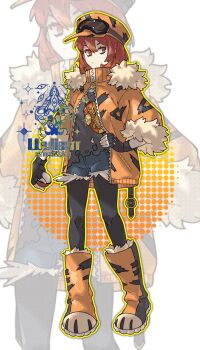 Rule 34 | 1girl, arcanine, black gloves, black leggings, blue shorts, boots, colored eyelashes, fingerless gloves, full body, fur collar, gen 1 pokemon, gloves, goggles, goggles on headwear, grey shirt, hand on own hip, hat, highres, holding, holding poke ball, jacket, leggings, light frown, nintendo, orange boots, orange hat, orange jacket, paw shoes, personification, poke ball, pokemon, red eyes, red hair, shirt, shorts, simple background, solo, standing, torn clothes, torn shirt, white background, wulie errr