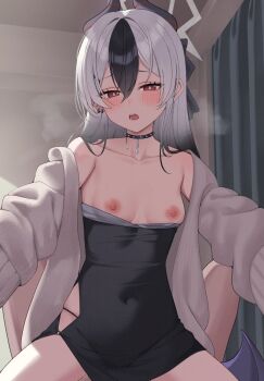 1girl 1other black_choker black_dress black_hair black_horns blue_archive blush breasts bright_pupils brown_cardigan cardigan cardigan_partially_removed choker cleavage clothing_cutout collarbone commentary_request covered_navel cowboy_shot demon_horns demon_wings diamond_necklace dress ear_piercing grey_halo hair_between_eyes halo heavy_breathing hip_vent holding holding_leash horns indoors jewelry jmao kayoko_(blue_archive) kayoko_(dress)_(blue_archive) leash long_hair looking_at_viewer low_wings mole mole_on_collarbone multicolored_hair necklace official_alternate_costume open_mouth panty_straps piercing pov reaching reaching_towards_viewer red_eyes sensei_(blue_archive) single_wing small_breasts straddling studded_choker two-tone_hair variant_set white_hair white_pupils wings