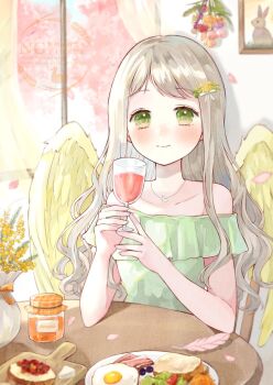 Rule 34 | 1girl, angel wings, bacon, bare shoulders, blush, bow, bread, bread slice, breakfast, brown hair, chair, cherry blossoms, closed mouth, collarbone, commentary request, commission, cup, curtains, dot nose, drinking glass, elbows on table, falling petals, feathered wings, feathers, flat chest, flower, food, green eyes, green shirt, hair bow, hair flower, hair ornament, hands up, holding, holding cup, indoors, jewelry, long hair, long sidelocks, looking at viewer, marmalade, mole, mole under eye, necklace, off-shoulder shirt, off shoulder, on chair, original, petals, picture frame, pink feathers, pink petals, rabbit, rabbit necklace, round table, scrambled egg, shirt, sidelocks, sitting, skeb commission, smile, solo, sunlight, table, tententuyu, toast, upper body, vase, watermark, wavy hair, white bow, window, wine glass, wings, yellow flower, yellow wings
