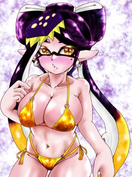 Rule 34 | + +, 1girl, bare shoulders, bikini, black hair, blush, breasts, callie (splatoon), earrings, inkling, jewelry, large breasts, looking to the side, mazuo917, nintendo, pointy ears, splatoon (series), swimsuit, tentacle hair, twintails, white hair, yellow eyes
