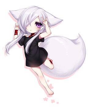 Rule 34 | 1girl, aika (konshin), animal ears, black shirt, blouse, chibi, fox ears, fox shadow puppet, fox tail, hair over one eye, kitsune, konshin, original, purple eyes, shirt, short hair with long locks, solo, tail, white background