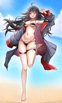 1girl ahoge animal_ears barefoot beach bikini black_bikini blush breasts character_request cloud coat collarbone commentary commission copyright_request corrupted_twitter_file english_commentary hair_ornament hairclip heterochromia highres linea_alba long_hair navel noir_akira ocean open_clothes open_coat open_mouth red_eyes side-tie_bikini_bottom sky smile standing standing_on_one_leg swimsuit teeth thigh_strap upper_teeth_only yellow_eyes
