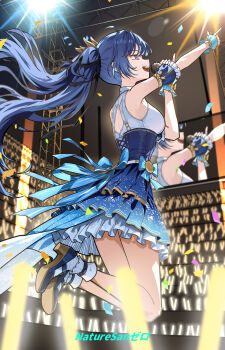 1girl absurdres ahoge alternate_costume artist_name audience bare_shoulders blue_bow blue_dress blue_eyes blue_hair blue_shoes bow breasts commentary confetti dress english_commentary from_side high_heels highres holding holding_microphone idol indoors iuno_(wuthering_waves) jumping long_hair medium_breasts microphone open_mouth outstretched_arm pointing pointing_forward ryeon_(naturesan) shoes smile solo stage twintails wuthering_waves