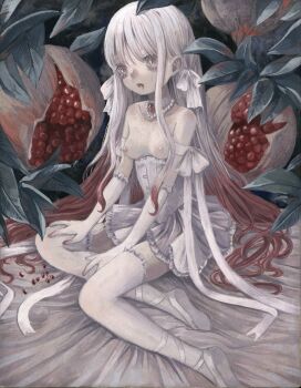 1girl absurdres arm_ribbon ballet_slippers blood blood_from_mouth breastless_clothes breastless_leotard breasts commentary_request elbow_gloves food fruit gloves hair_ribbon highres leotard long_hair miniskirt monou_pico nipples original pomegranate ribbon sitting skirt small_breasts solo thighhighs very_long_hair white_gloves white_hair white_leotard white_thighhighs