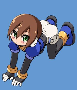 Rule 34 | 1girl, aile (mega man zx), all fours, ass, blue jacket, blush, bodystocking, bodysuit, bodysuit under clothes, brown hair, closed mouth, cropped jacket, full body, gloves, green eyes, hair between eyes, jacket, layered sleeves, long sleeves, looking at viewer, mega man (series), mega man zx, pantyhose, pantyhose under shorts, robot ears, short hair, short over long sleeves, short sleeves, shorts, simple background, skin tight, solo, spandex, yuuya (blue scarab)