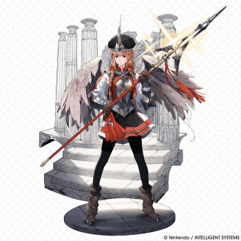 1girl absurdres armor black_hat black_leggings boots braid breasts brown_hair company_name erma_(fire_emblem) feathered_wings fire_emblem fire_emblem_shadows full_body glint hat highres holding holding_polearm holding_weapon jewelry leggings medium_breasts nintendo official_art polearm solo twin_braids weapon wings