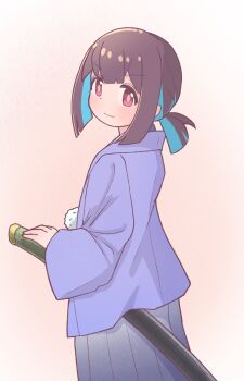 Rule 34 | 1girl, blue hair, blunt bangs, brown eyes, brown hair, commentary, from side, hand on hilt, highres, hozuki momiji, japanese clothes, light blush, light smile, looking at viewer, looking to the side, onii-chan wa oshimai!, pink background, pom pom (clothes), ponytail, samurai, sheath, sheathed, short hair, short ponytail, simple background, solo, sword, tsubatya, weapon