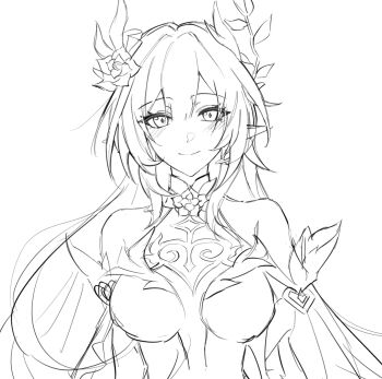 1girl breasts cyrene_(honkai:_star_rail) cyrene_(ripples_of_past_reverie)_(honkai:_star_rail) detached_sleeves dress flower hair_flower hair_ornament highres honkai:_star_rail honkai_(series) kano_kano_777 large_breasts lineart long_hair looking_at_viewer smile solo unfinished