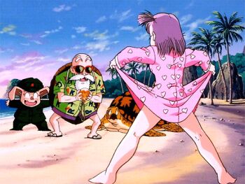 1990s_(style) 1girl 3boys animal animated animated_gif ass bald barefoot beach beard blood bulma clothes_lift cloud coconut_tree creature dimples_of_venus dragon_ball dragon_ball_(classic) dragon_ball_(object) dress dress_lift facial_hair feet flashing flip-flops green_hair hat heart heart_print legs looking_up missing_tooth mountain multiple_boys mustache muten_roushi nightgown nightgown_lift no_panties nosebleed old old_man oolong open_mouth outdoors ova palm_tree pig pink_nightgown remake retro_artstyle sandals shoes shorts side_ponytail sky sneakers socks standing sunglasses surprised thighs tree turtle turtle_shell umigame_(dragon_ball)