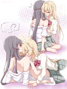 Rule 34 | !?, 2girls, absurdres, ashigaya high school uniform, barefoot, black hair, blonde hair, blue eyes, blush, bow, bowtie, braid, cellphone, closed mouth, collared shirt, commentary request, grey skirt, hair intakes, half up braid, highres, karabina, kissing breast, koto satsuki, long hair, multiple girls, open clothes, open mouth, open shirt, ouzuka mai, phone, plaid clothes, plaid skirt, purple background, red bow, red bowtie, school uniform, shirt, sidelocks, skirt, smartphone, smile, spoken interrobang, watashi ga koibito ni nareru wake naijan murimuri!, white background, white shirt, yuri