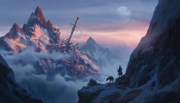 1boy animal bird cloud coat commentary donkey english_commentary flock fog full_moon giant_skeleton gradient_sky holding holding_stick huge_weapon jinho_bae long_sleeves moon mountain original outdoors scenery skeleton sky snow stab standing stick sunset sword twilight weapon