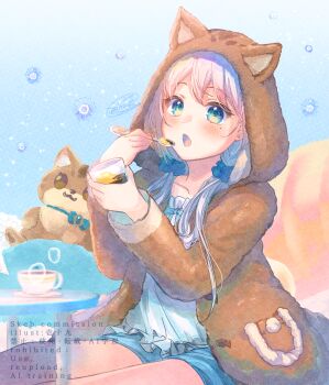 1girl animal_ears animal_hood blue_shorts blush brown_jacket camisole commentary_request commission cup fake_animal_ears feet_out_of_frame food green_eyes grey_hair hair_over_shoulder holding holding_cup holding_spoon hood hood_up hooded_jacket indie_virtual_youtuber ittokyu jacket long_hair looking_at_viewer low_twintails nagino_mashiro open_mouth pudding shorts sitting solo spoon stuffed_animal stuffed_toy table twintails virtual_youtuber white_camisole