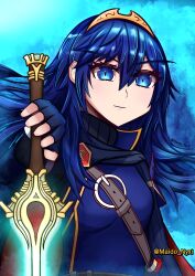 Rule 34 | 1girl, armor, belt, blue eyes, blue hair, brand of the exalt, breasts, commission, falchion (fire emblem), fingerless gloves, fire emblem, fire emblem awakening, gloves, lucina (fire emblem), maido nyxi (artist), medium breasts, nintendo, parted bangs, princess, sweater, sword, symbol-shaped pupils, tiara, turtleneck, turtleneck sweater, weapon