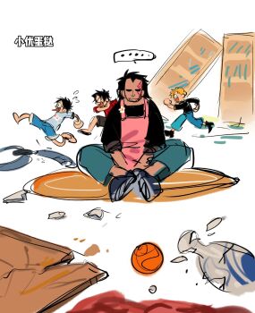 Rule 34 | 4boys, aged down, apron, black hair, blonde hair, blue shorts, broken, commentary, facial tattoo, full body, hair slicked back, highres, ki2ri5, male focus, monkey d. dragon, monkey d. luffy, multiple boys, one piece, pink apron, portgas d. ace, profile, running, sabo (one piece), shorts, sitting, tattoo