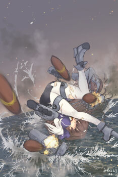 1girl absurdres adapted_turret artillery artist_name ashigara_(kancolle) ashigara_kai_ni_(kancolle) battle breasts brown_eyes brown_hair cannon gloves hair_between_eyes hairband highres jacket kantai_collection long_hair long_sleeves looking_at_viewer mizunototori ocean pantyhose pencil_skirt purple_jacket rigging rudder_footwear ship_turret skirt smokestack solo torn_clothes torn_pantyhose torpedo_launcher torpedo_tubes water wavy_hair white_gloves white_pantyhose