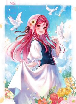 1girl :d animal bird blue_sky blue_vest blush border bow brown_bow cloud commentary commission cross-laced_clothes day double-parted_bangs dove dress falling_petals feet_out_of_frame field floating_hair flower flower_field from_side ginniroya hair_bow hair_flower hair_ornament hanamura_ai hand_up highres indie_virtual_youtuber light_particles long_dress long_hair long_sidelocks looking_at_viewer looking_to_the_side open_mouth outdoors petals pink_eyes pink_flower pink_hair pink_nails pink_rose puffy_short_sleeves puffy_sleeves red_flower red_tulip rose short_sleeves sidelocks skeb_commission skirt_hold sky smile solo standing sunflower sunlight symbol-only_commentary tree tulip twitter_username vest virtual_youtuber watermark white_border white_dress yellow_flower yellow_petals