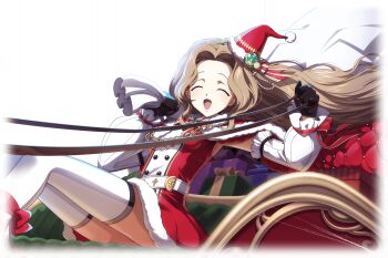 1girl ^_^ arm_up artist_request belt blush bow bowtie box breasts brown_hair buttons capelet chain closed_eyes code_geass code_geass:_lost_stories double-breasted dress facing_viewer female_focus forehead from_side fur-trimmed_capelet fur-trimmed_dress fur-trimmed_headwear fur_trim game_cg gift gift_box hair_intakes hand_up happy hat hat_bow hat_ornament highres holding holding_reins holding_sack legs legs_together light_blush long_hair non-web_source nunnally_vi_britannia official_art open_mouth red_bow red_bowtie red_capelet red_dress red_hat red_ribbon reins ribbon riding sack santa_hat short_dress sidelocks simple_background sleeveless sleeveless_dress sleigh small_breasts smile solo thighhighs thighs tilted_headwear transparent_background white_thighhighs