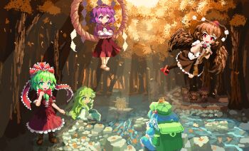02charaice20 6+girls absurdres aki_minoriko aki_shizuha autumn backpack bag bird_wings black_hair black_skirt black_wings blue_hair commentary detached_sleeves flat_cap forest frog_hair_ornament geta green_eyes green_hair green_hat hair_ornament hat hat_ribbon highres inubashiri_momiji kagiyama_hina kawashiro_nitori kochiya_sanae long_hair moriya_suwako mountain_of_faith multiple_girls nature outdoors pixel_art pom_pom_(clothes) purple_hair red_eyes red_fox red_hat red_ribbon red_skirt ribbon rope scenery shameimaru_aya shimenawa shirt short_hair skirt snake_hair_ornament tengu-geta tokin_hat touhou tree white_shirt wings yasaka_kanako