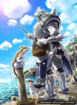 1boy armor blue_sky cat cloud copyright_notice facing_animal fire_emblem fire_emblem_cipher fish fishing fishing_rod helmet male_focus mineri nintendo official_art pier sky valjean_(fire_emblem)