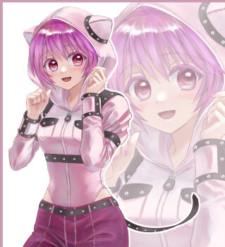 1girl absurdres belt blush border commentary_request elfen_lied hair_between_eyes highres hood hood_up looking_at_viewer nana_(elfen_lied) open_mouth pants pink_border pink_nails purple_eyes purple_hair purple_pants studded_belt white_background yutaka_dao zipper zoom_layer