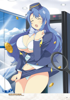 1girl aircraft airplane airport airport_security blue_bow blue_hair blue_sky blush bow bowtie bra breasts bursting_breasts buttons ceiling ceiling_light cleavage closed_eyes cloud contrail day dress flight_attendant flying_button frilled_bra frills game_cg garrison_cap handheld_metal_detector hat highres indoors jet_airliner large_breasts long_hair looking_at_viewer nachi_(senran_kagura) navel non-web_source official_alternate_costume official_art open_mouth panties pantyshot pencil_skirt popped_button runway senran_kagura senran_kagura_new_wave shiny_skin shirt skirt sky solo travel_attendant underboob underwear walkthrough_metal_detector wardrobe_malfunction white_bra white_panties window