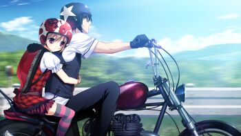 Rule 34 | 1boy, 1girl, belt, black hair, black pants, blurry, blurry background, brown belt, brown hair, bulletproof vest, cloud, dress, feet out of frame, from side, fumio (ura fmo), game cg, grisaia (series), grisaia no kajitsu, guard rail, head on another's back, helmet, hug, hug from behind, irisu makina, kazami yuuji, motor vehicle, motorcycle, motorcycle helmet, multiple riders, non-web source, on motorcycle, open mouth, outdoors, pants, plaid clothes, plaid dress, profile, puffy short sleeves, puffy sleeves, purple thighhighs, red bag, red dress, red eyes, shirt, short sleeves, sky, striped clothes, striped thighhighs, sunglasses, thighhighs, vehicle request, white shirt