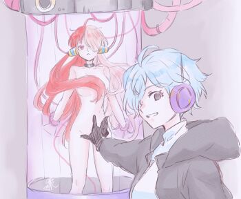 2girls absurdres alternate_universe antennae artist_request black_gloves blue_hair bodysuit breasts closed_mouth completely_nude convenient_censoring empty_eyes facing_viewer floating_hair gloves hat headphones highres jacket large_breasts long_hair looking_at_viewer machinery multicolored_hair multiple_girls nude one_piece red_eyes red_hair science_fiction short_hair simple_background smile split-color_hair straw_hat two-tone_hair uta_(one_piece) vegapunk_lilith very_long_hair what white_bodysuit white_hair